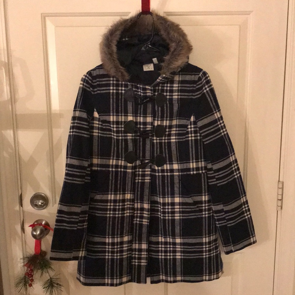 Navy blue and cream plaid jacket